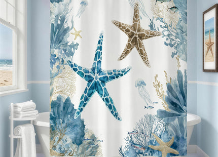 Blue Beach Shower Curtain for Bathroom, Ocean Coastal Theme, 72x72 In