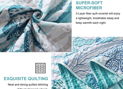 Djoymock Coastal Quilts Bedding Set Queen Size, Summer Green Fish Coral Nautical Bedding Quilt Set with Pillow Cases, Ocean Beach Reversible Bedspreads Coverlet Soft Microfiber Lightweight Comforter