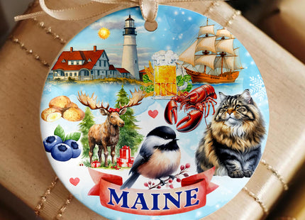 Sportyzen Maine State Christmas Ornament – Portland Head Lighthouse, Moose, Lobster, Blueberries, Chickadee & Sailing Ship – New England Souvenir Gift & Coastal Holiday