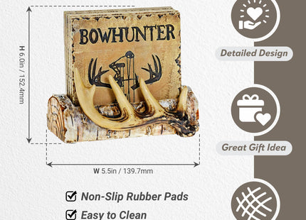 Pine Ridge Home Antler Wood Log Coaster Set with Holder - Bow Hunter Country Absorbent Coaster - Cabin Lodge Home Decor for Hunter Men - Man Cave Coasters Rustic Wood Decor Accent