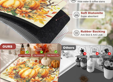 LOKHOM 12"x20" Fall Dish Drying Mat，Pumpkin Maple Leaves Floral