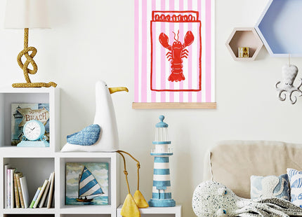 Trendy Retro Red Lobster Coastal Wall Art Decor, Beachy Room Decorative Aesthetic, Preppy Pink Striped Lobster Seafood Lover Nautical Wall Decor Posters for Home Kitchen Dining Room, 12x16 Inch
