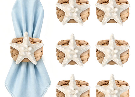 JQAQJU Woven Water Hyacinth Napkin Rings Set of 6 with Starfish