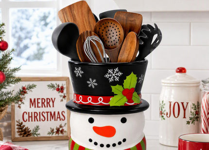 Taesun Snowman Ceramic Utensil Holder, Christmas Kitchen Decor, 3D Snowman Countertop Storage Crock, Xmas Decorative Container for Cooking Utensils, Holiday Tabletop Home Party Decoration