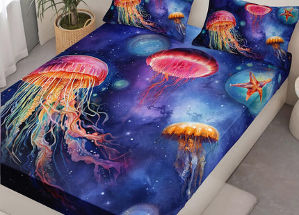 HOSIMA Blue Purple Fitted Sheet Set Queen Size Jellyfish Decor,Jellyfish Starfish Underwater World Bedding for Girls Room Decor,Nautical Sea Life Kids Fitted Sheet Set,1 Fitted Sheet+2 Pillowcases.