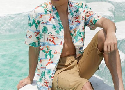 SANGTREE Mens Hawaiian Shirt Button Down Shirts,Beige Lobster,Small