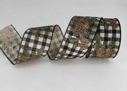HATIANGE Pinecone Christmas Burlap Ribbon with Black White Plaid Wired Ribbon, 2-1/2 Inch x 11Yards, for Xmas Home Decor, Gift Wrapping, Bow Making, Wreath, DIY Crafts
