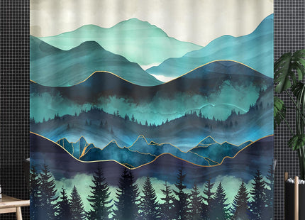 Lokigo Teal Misty Mountains Shower Curtain Woodland Pine Tree, 72"x72"