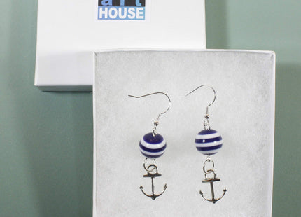 "Navy Lover Silvertone", Dark Navy Blue Striped Anchor Earrings