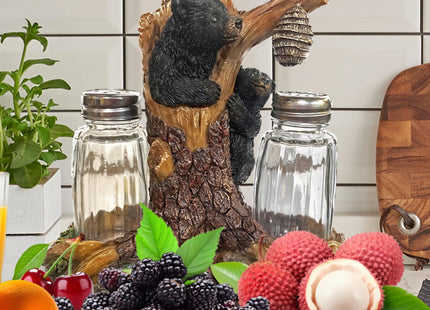 Pine Ridge Bear Salt And Pepper Shaker - Two Glass Shakers, Bear In Tree Holder Caddy For Spices And Seasonings, For Kitchen, Dining Or Table Décor
