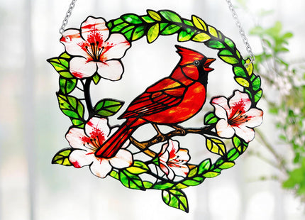 Cardinal Stained Glass Suncatchers Window Hanging, Cardinal Suncatchers for Windows Hanging, Suncatcher for Wife/Mom/Women (Bird & Flower)