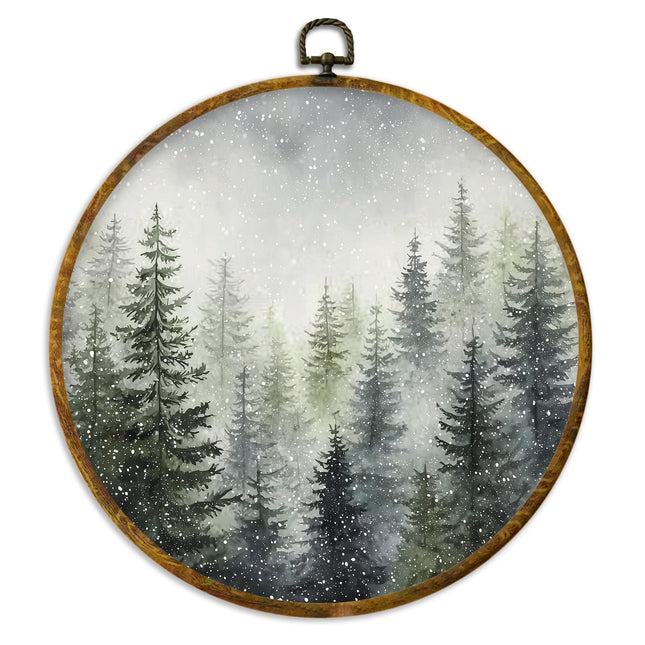 XPH Rustic Christmas Forest Tree Round Wall Art Framed, Farmhouse Winter Pine Tree Landscape Circle Wall Decor, Cozy Winter Hanging Canvas Prints for Home Bedroom Living Room Decoration, 10x10 Inch
