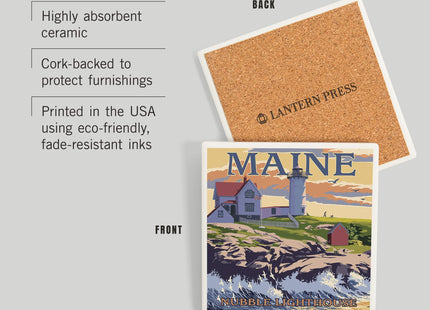Lantern Press York, Maine, Nubble Lighthouse (Absorbent Ceramic Coaster, Single, Cork Back, Kitchen Table Decor)