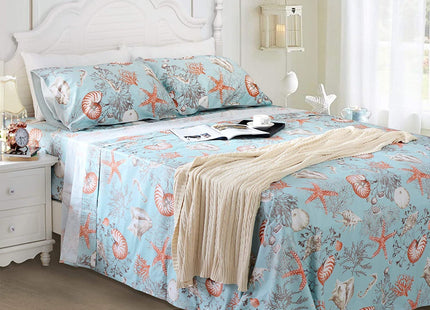 ABREEZE 100% Egyptian Cotton Sheet Set Queen Beach Themed Bedding Sets Coastal Bedding Seashells and Starfish Nautical Bedding with Deep Pocket Fitted Sheet 4-Pieces