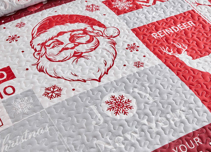 Christmas Patchwork Quilt Set Queen Size 88x88 Red Black Plaid with White Santa Claus Deer Tree SnowflakeChristmas New Year Style Microfiber Winter Warm Bedding Coverlet Bedspread Holiday Design