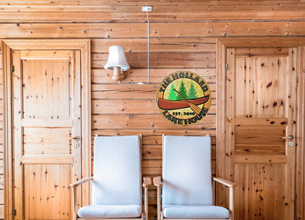 Tin Sign Shop | Vintage Lake House Sign with Canoe | Personalized to Your Specific Needs | Round 14" Diameter