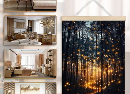 FITIE Enchanted Forest Firefly Wall Art Poster Framed, Magical Twilight Forest Nature Landscape Aesthetic Canvas Wall Art Prints for Home Living Room Bedroom Decor, 12x16 Inch