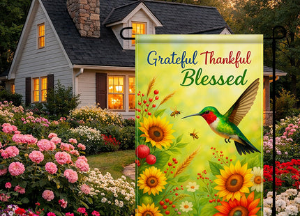 BlissYard Grateful Thankful Blessed Hummingbird Flag 12x18" Burlap