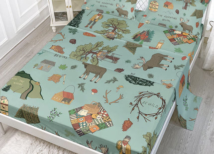 Datura home Woodland Camping Sheets Set 4Pcs for Kids,Cartoon Cabin Trip Wild Adventure Print Sheet Set with 1 Flat Sheet and 1 Fitted Sheet + 2 Pillowcases(Woodland Camping Queen)