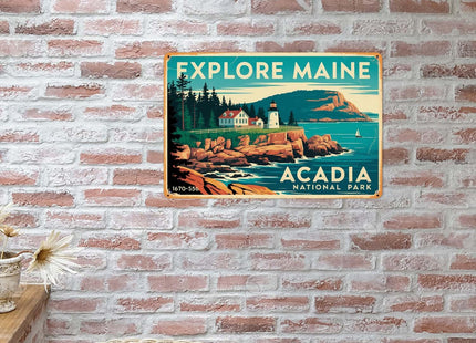 Explore Maine Acadia National Park Tin Sign Lighthouse Wall Decor (8X12 IN)