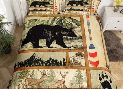 Farmhouse Hunting Bear Duvet Cover Full, Lake House Decor Comforter Cover, Retro Woodland Lake Paddle Bedding Set, Deer Moose Wildlife Bed Cover, Rustic Buffalo Grid Quilt Cover Cabin Lodege Decor