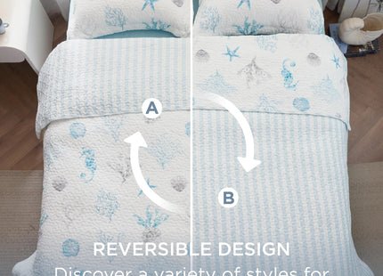 Bedsure Coastal Quilt Bedding - Queen Size Reversible Summer Beach Quilt Bedding, Lightweight Ocean Bedspread, Shell Parttern Coverlet for All Seasons (90"x96")