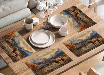 Farmhouse Deer Placemats Set of 6, Country Natural Place Mats, Rustic Forest Lodge Elk Wildlife Dining Table Mats, Washable Placemats for Kitchen Dining Room 18L'' × 12W''