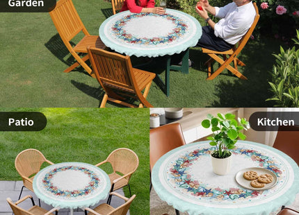 Marine Life Round Fitted Tablecloth with Elastic Ocean Teal Tablecloths Washable Summer Beach Starfish Coral Conch Table Cover for Kitchen Dinner Party Picnic Decor Fits Tables up to 36"- 44" Diameter