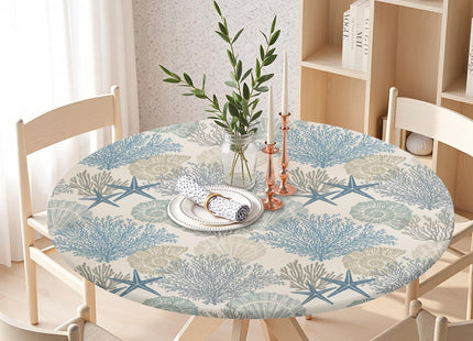 Summer Coastal Round Fitted Tablecloth with Elastic Edge,Water-Resistant Picnic Nautical Coral Starfish Seashell Table Cover for 40"-44" Found Tables Blue Ocean Table Cloth for Dinner,Outdoor,Patio