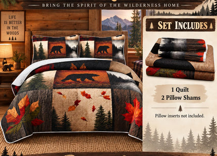 AILONEN Rustic Bear Quilt Set Queen Size,Western Bedspread Bedspread Coverlet with 2 Pillowcases,3-Piece Bear Walk Cabin Plaid Bedding Set