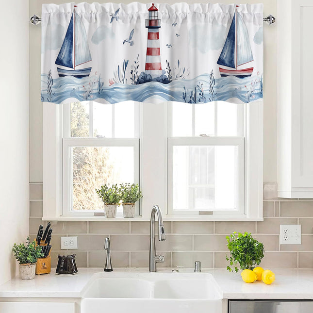 Nautical Lighthouse Valance Curtains,Rod Pocket Valances for Windows,Small Window Treatment Valances for Kitchen,Living Room,Bedroom,Bathroom,Home Decor,18x54 Inch,1 Panel,Sea Ocean Sailboat