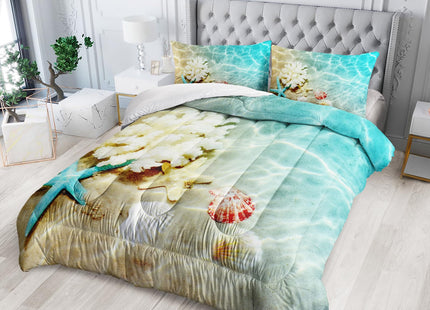 Nttopship Ocean Theme Comforter Set - Twin Size, Kids Bedding with Starfish and Scallops Pattern, All Season Comforter and 2 Pillowcases