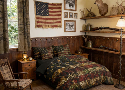Erosebridal American Flag Bed in A Bag Rustic Woodland Camo Bedding Set Tree Camouflage Hunting Twin Comforter Set with Sheets 7 Piece for Boys Teen Men,Farmhouse Cabin Lodge Bed Set