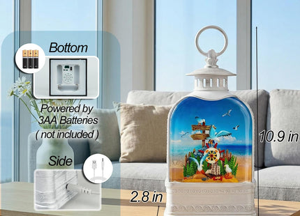 Nautical Theme Snow Globe Lantern with Music - USB or Battery Powered Light Up Water Lantern with Seagull - Swirling Glitter Water Globe for Summer Costal Ocean Decor - Gift for Ocean Lover (Seagull)