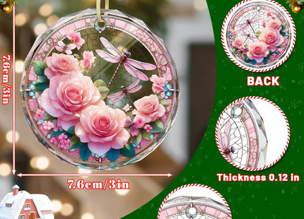 Stained Glass Flower Dragonfly Ornament, Flower Dragonfly Christmas Decoration for Tree, Holiday Presents and Xmas Gift