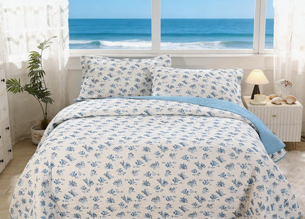 WINLIFE Blue Ocean Themed Coastal Quilt Set 100% Cotton, Queen 90''x98''