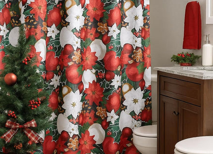 Christmas Vintage Poinsettia Pinecone Fabric Shower Curtain for Bathrooms