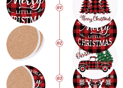 Whaline Merry Christmas Coasters Set of 4 Red Black Buffalo Plaids Drink Coaster Xmas Tree Truck Reindeer Absorbent Ceramic Coaster Holiday Cup Mat for Mugs Cups Home Kitchen Office Party Table Decor