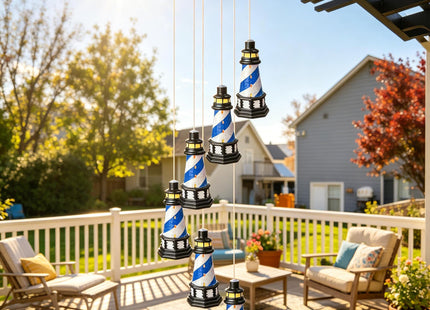 Lighthouse Wind Chimes Outdoors Solar Hanging Lighthouse Decorative Outdoor Lighthouse Solar Lighthouse Windchime（Blue）