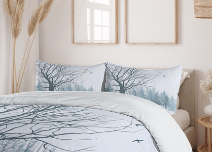 Ambesonne Winter Duvet Cover Set, Winter Season Theme a Tree Without Leaves in The Snowy Forest and Flying Birds, Decorative 3 Piece Bedding Set with 2 Pillow Shams, Queen Size, Petrol Blue
