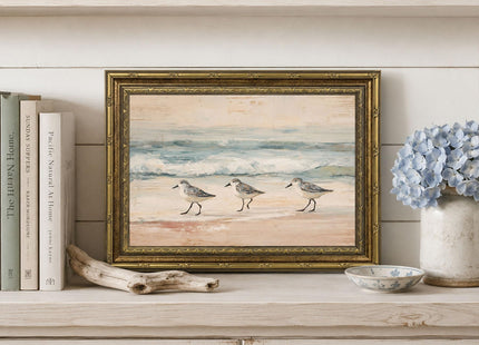 Vintage Gold Framed Coastal Sanderling Wall Art, Beach Bird Print, 16x12In