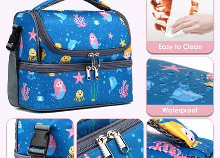 FlowFly Double Decker Cooler Insulated Lunch Bag Large Tote for Boys, Girls, Men, Women, With Adjustable Strap (Blue-Mermaid)