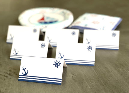 Nautical Place Cards - 25 Pack - Nautical Food Cards. Blue Anchor and Captain’s Wheel over Stripes Design, for Dinner Parties, Banquets, Cocktail Parties, Buffet. 2” x 3.5”. Scored for Folding.