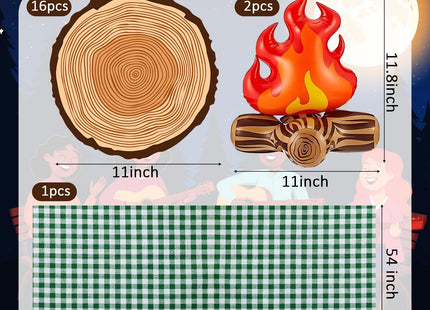 Halloscume Camping Birthday Party Decorations 2 Pcs 12 Inch Inflatable Fake Campfire Props 16 Wooden Slice Paper Placemats 1 Checkered Tablecloths for Campfire Birthday Party Supplies(Green Plaid)