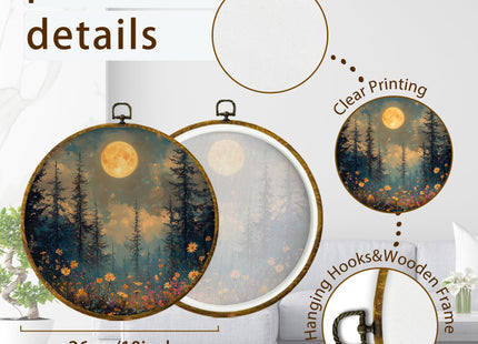 XPH Moonlit Wildflower Forest Round Wall Art Framed, Mystical Full Moon Woodland Circle Wall Decor, Rustic Nature Nightscape Floral Hanging Canvas Prints for Office Home Decoration, 10x10 Inch