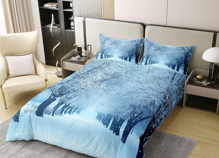 Erosebridal 100% Natural Cotton Winter Duvet Cover Full, Blue Snow Snowstorm Bedding Set, Park Winter Landscape Scene Comforter Cover, Snowy Woodland Trees Bedroom Decor Soft Breathable Quilt Cover