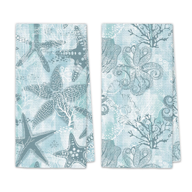 OINDADE Coastal Starfish Octopus Kitchen Hand Towels Set of 2, Blue Ocean Animal Hand Towels, Nautical Animal Decorative Dish Tea Towel for Kitchen, Coastal Coral Beach Bathroom Decor, 16x24In