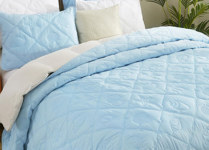 EVENHUG Coastal Quilt Set Twin Size Reversible Summer Ocean Beach Themed Bedding with Pillow Shams Lightweight Blue Nautical Coral Seahorse Bedspread Coverlet for All Season 2 Piece (68''x86'')