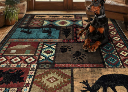 Hallway Runner Rug 2x6 Indoor Door Mat - Bear Rustic Cabin Non-Slip Entryway Rug, Low Pile Tribal Print for Kitchen, Bedroom