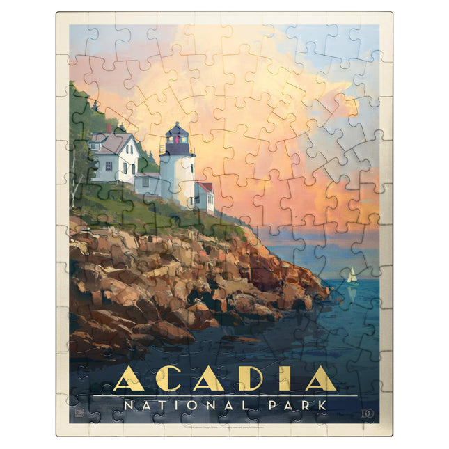 MyPuzzle Acadia National Park: Lighthouse, Vintage Poster - Premium 100 Piece Jigsaw Puzzle for Adults